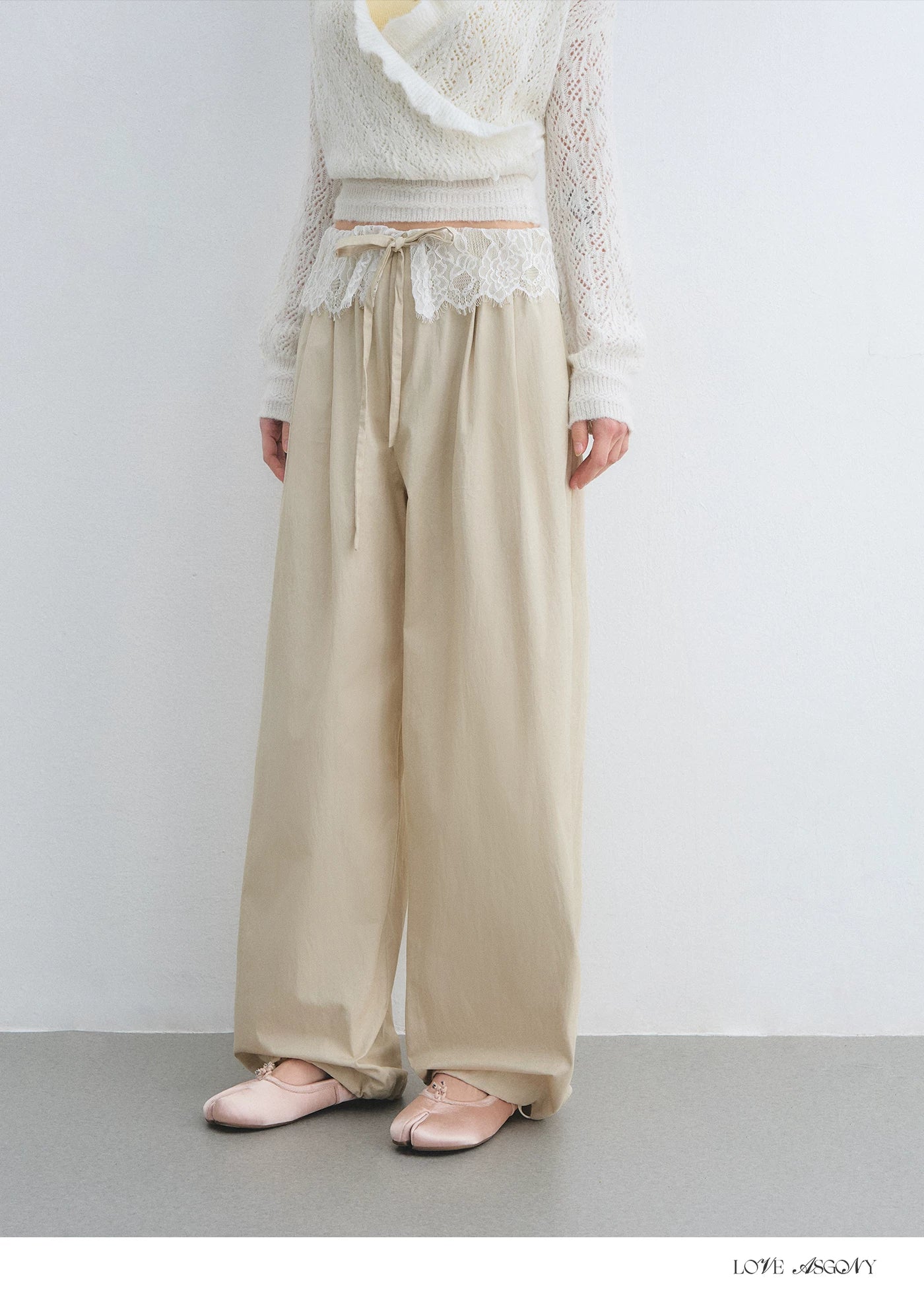 Lace Panel Drawstring Waist Wide-Leg Casual Pants