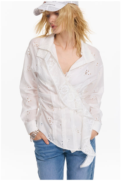 Embroidered Plaid Ruffle-Edge Shirt
