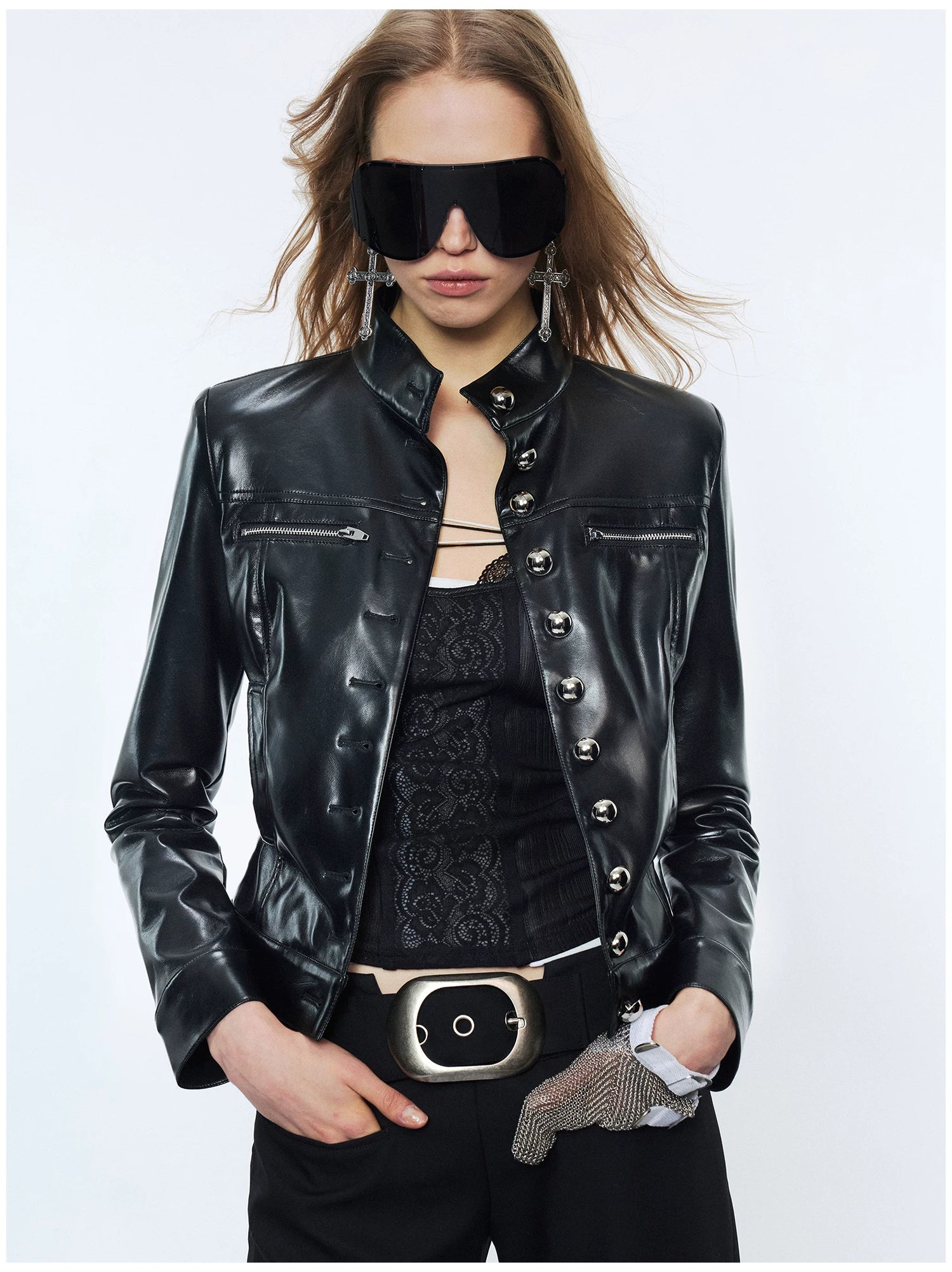 Punk Metal Button Waist-Cinched Faux Leather Jacket