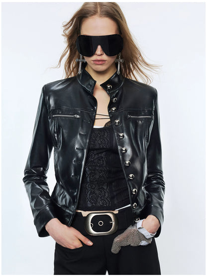Punk Metal Button Waist-Cinched Faux Leather Jacket