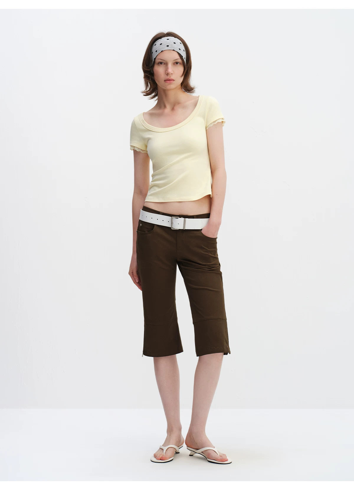 Lace Trim Scoop Neck Fitted Cotton T-Shirt