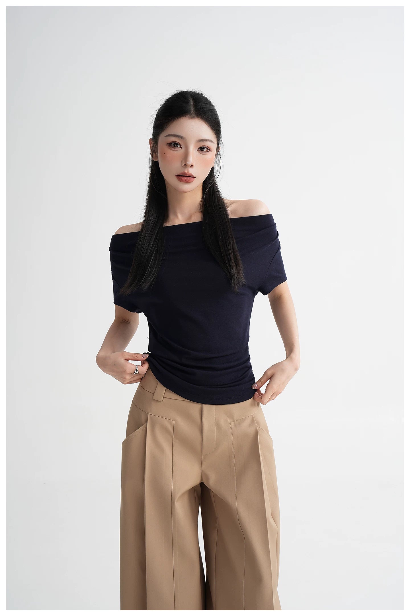 Draped Off-Shoulder Fitted Short Sleeve T-Shirt