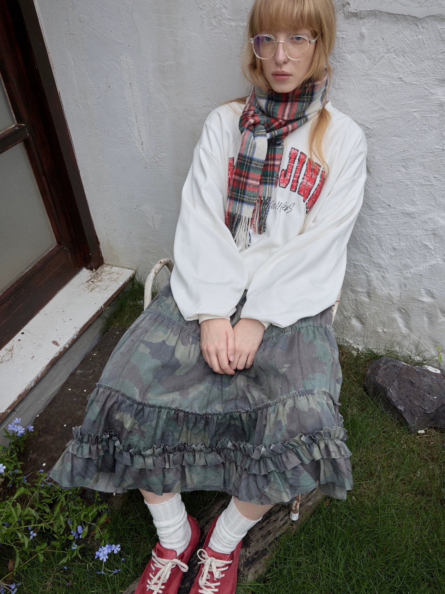 Camouflage Raw-Edge Ruched Layered Skirt