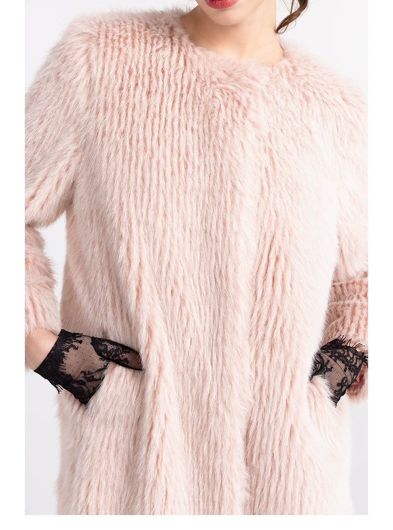 Round-Neck Eco-Faux Fur Long Coat