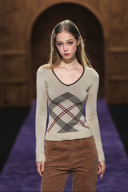 Vintage Check Contrast Slim-Fit Knit Crewneck