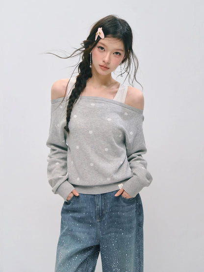 Off-Shoulder Polka Dot Layered Knit Sweater