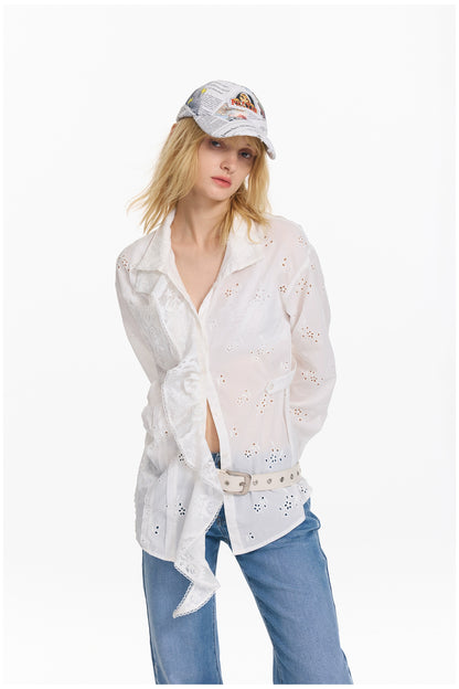 Embroidered Plaid Ruffle-Edge Shirt