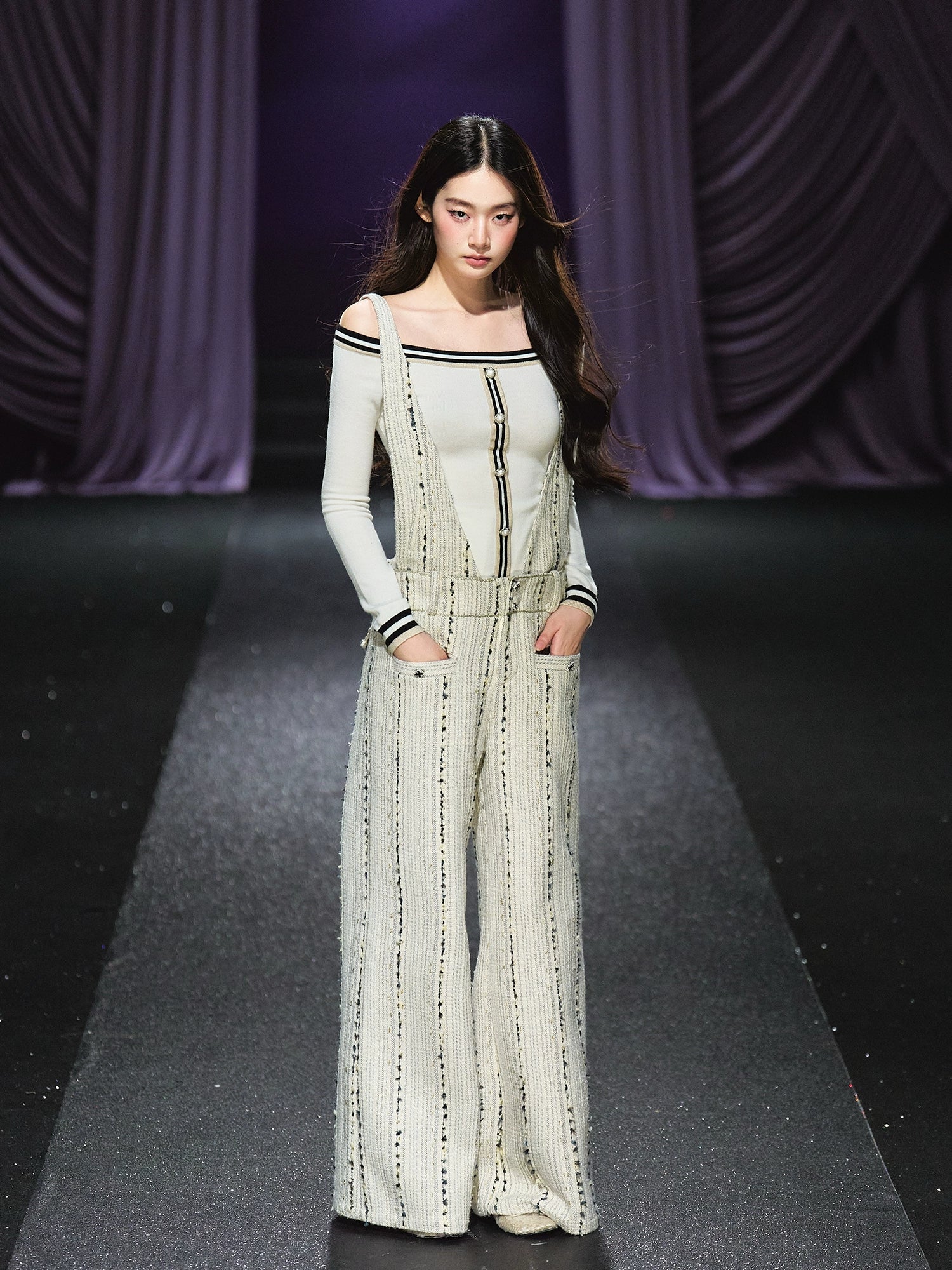 Tweed-Inspired V-Neck Wide-Leg Jumpsuit