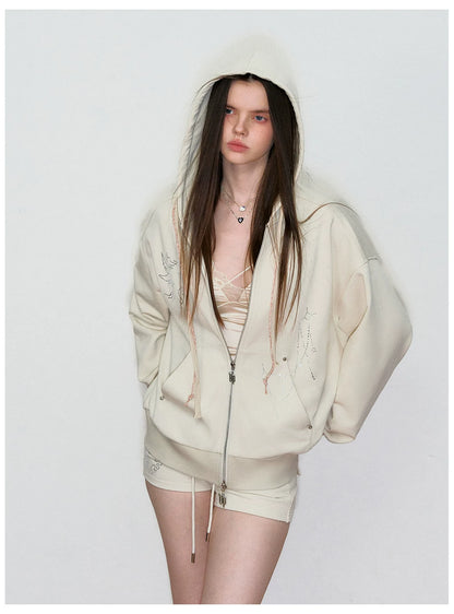 Rhinestone-Embellished Hooded Sweatshirt Jacket
