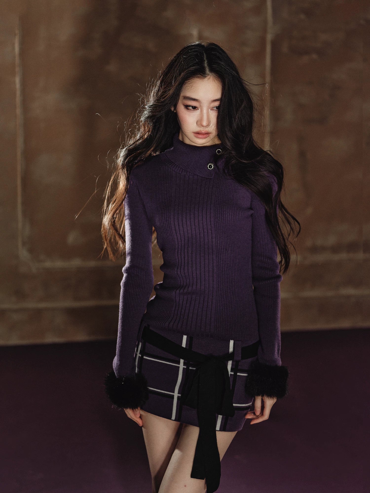 Faux-Fur Turtleneck Belted Slim-Fit Dress