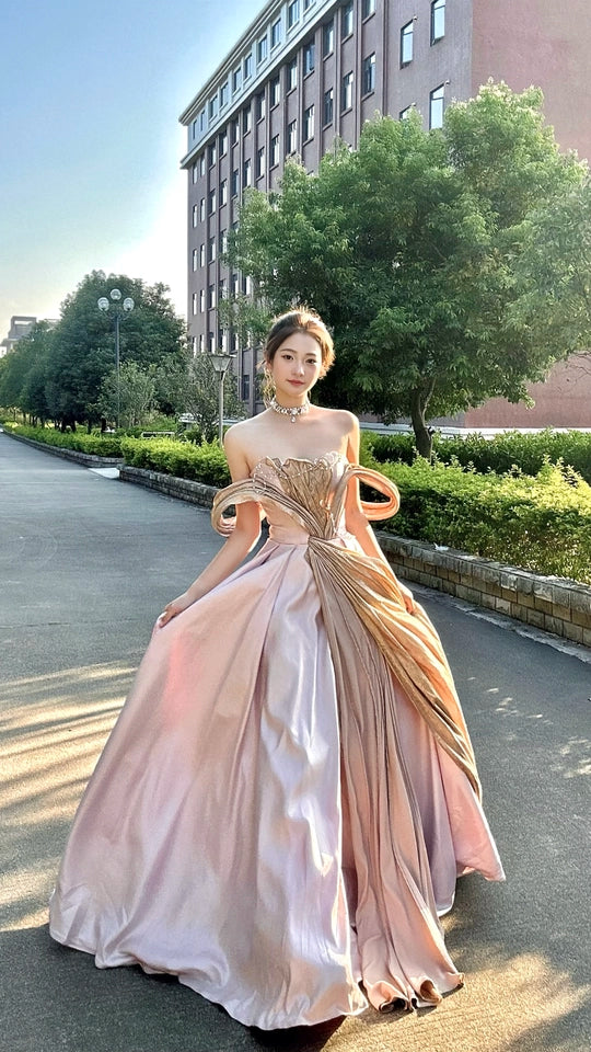 Stunning Elegance Off-Shoulder Gown with Golden Draping