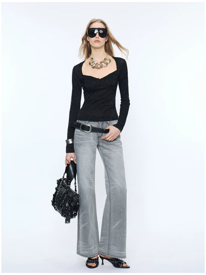 Straight-Leg Washed Denim Jeans