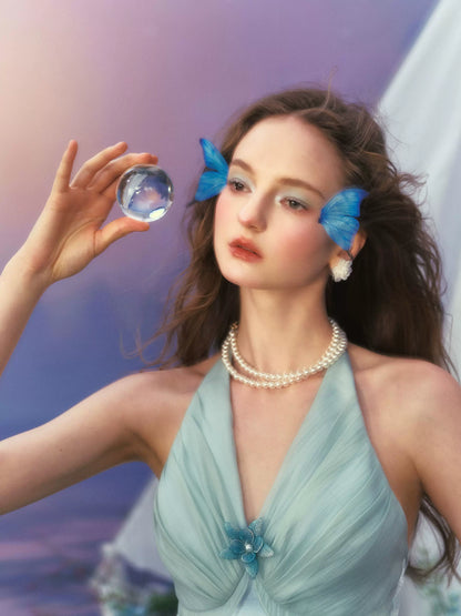 French Resort Halter Blue Floral Satin Dress