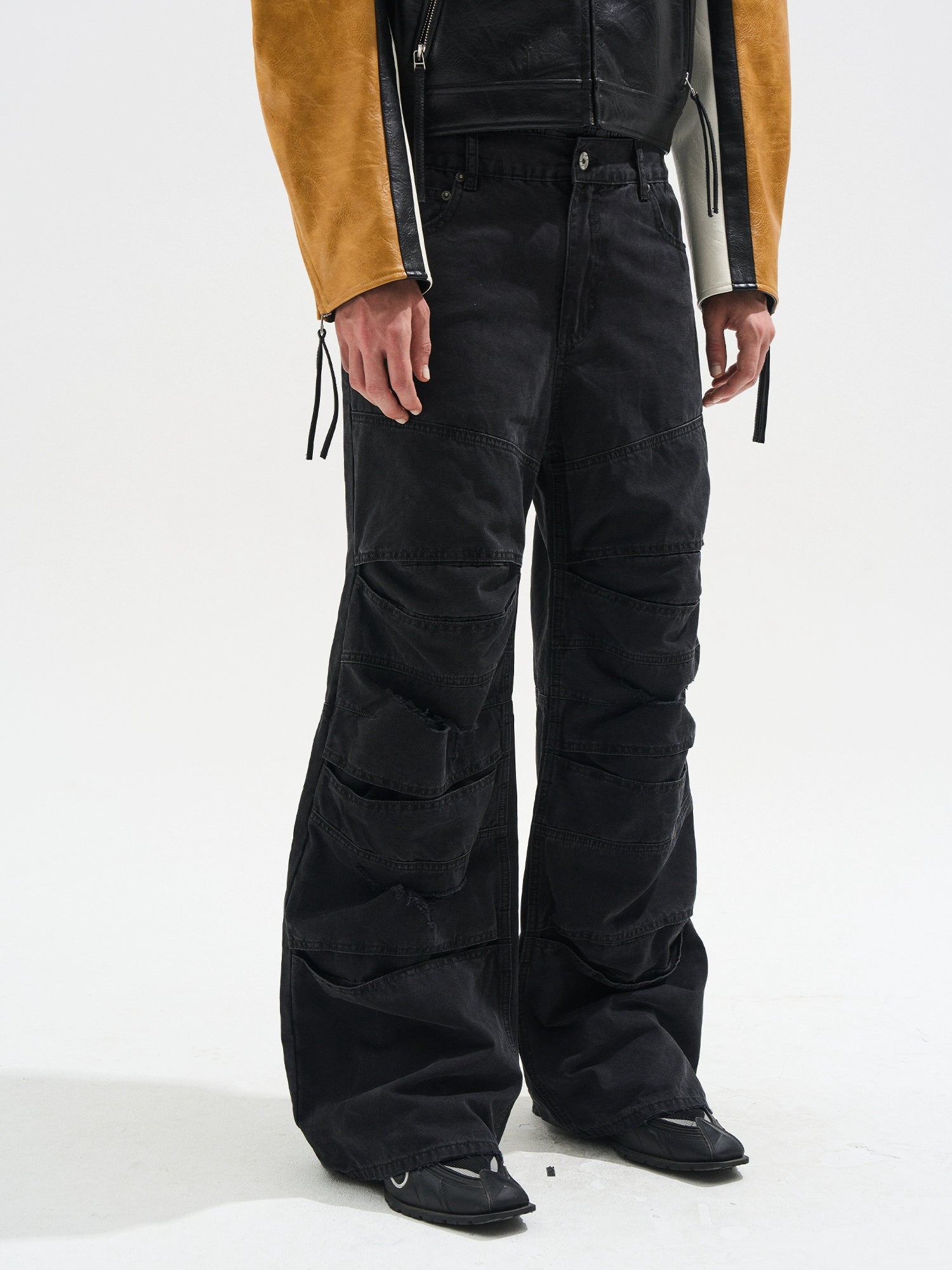 Layered Distressed Washed Loose Fit Denim Jeans