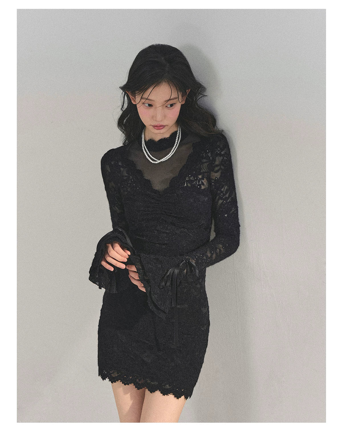 Lace Mesh Long-Sleeve Mini Dress