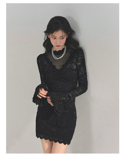 Lace Mesh Long-Sleeve Mini Dress
