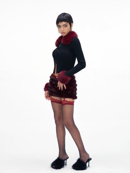 Fur-Collar Knit Cape &amp; Fuzzy Bodycon Skirt Set