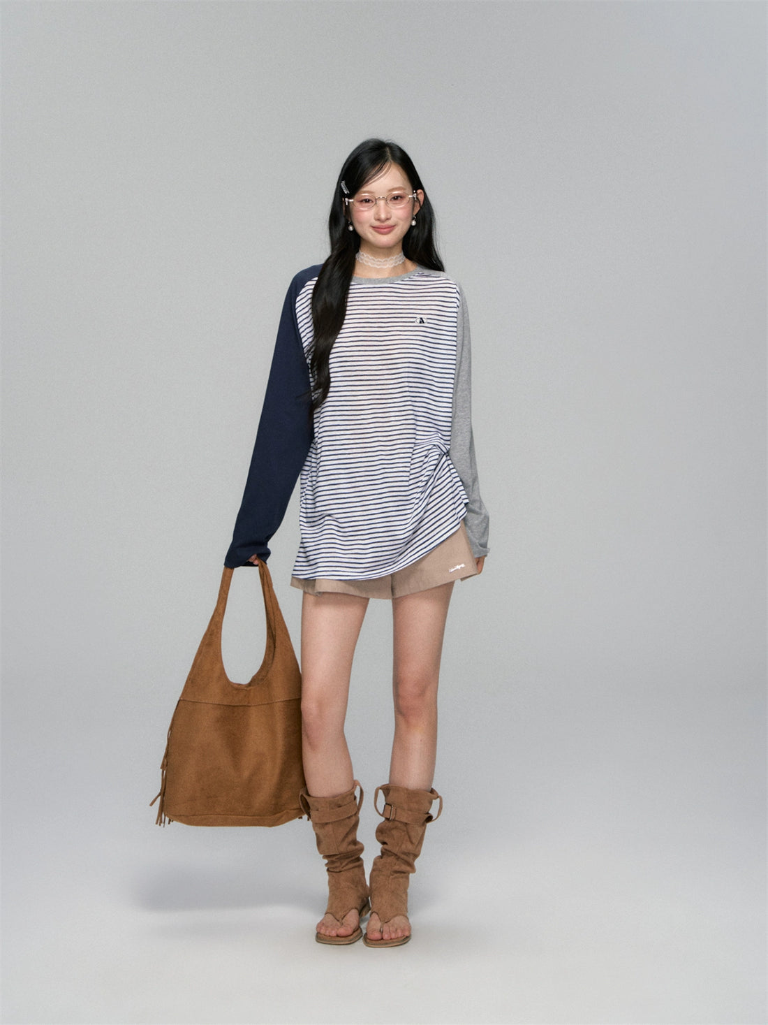 Color-block Striped Round-neck T-shirt