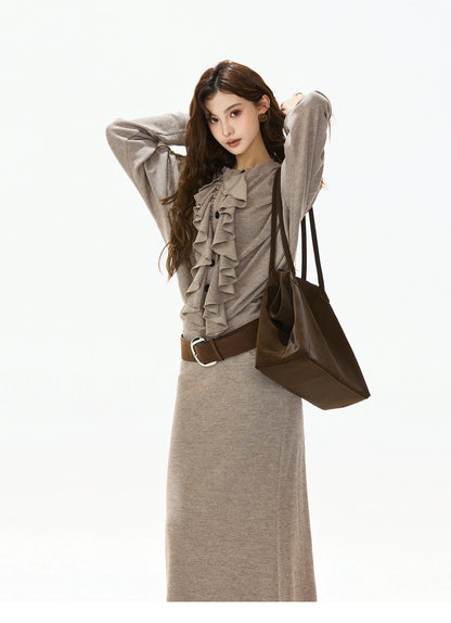 Ruffle-Trim Batwing-Sleeve Knit Crewneck