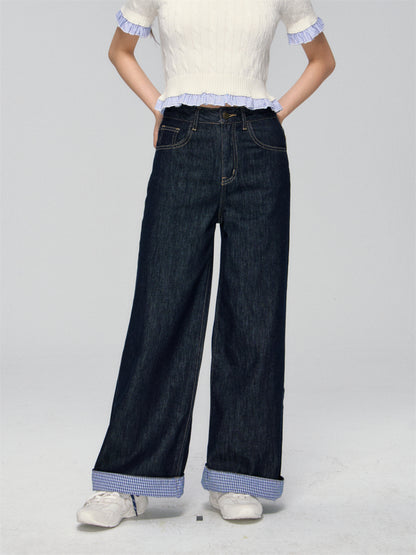 Color-block Plaid Patchwork Straight-leg Jeans