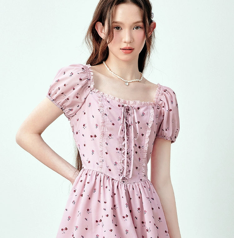 Pink Tie-strap Square-neck Floral Dress