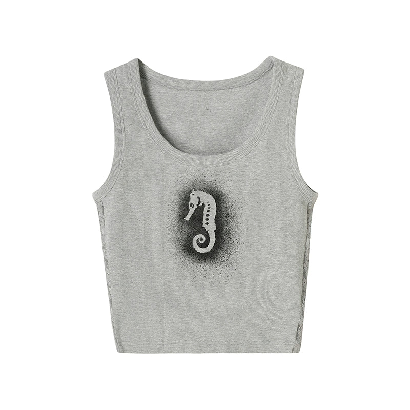 Gray Lace Hollow-out Halterneck Tank Top