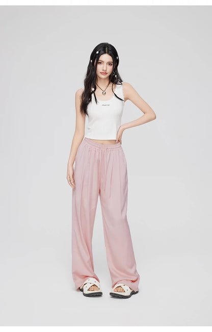 White &amp; Pink Ice Silk Drooping Wide-leg Pants - CHINASQUAD