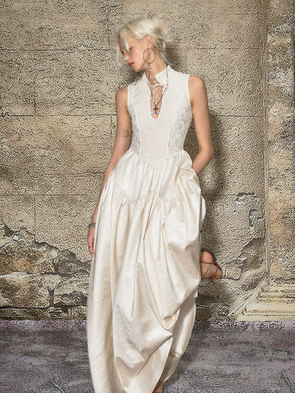 French Elegant Tie-Waist Maxi Dress