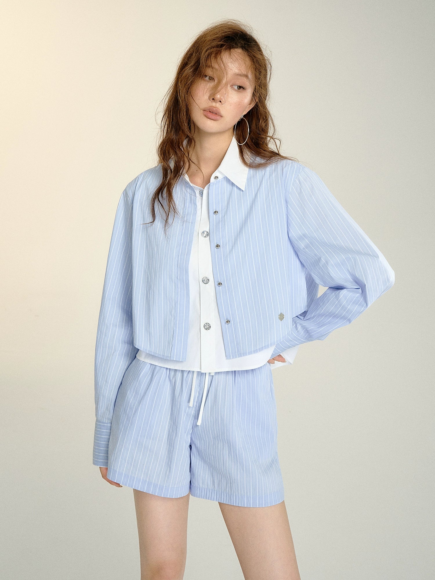 Blue &amp; White Layered Faux Two-piece Striped Shirt &amp; Shorts