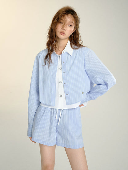 Blue &amp; White Layered Faux Two-piece Striped Shirt &amp; Shorts