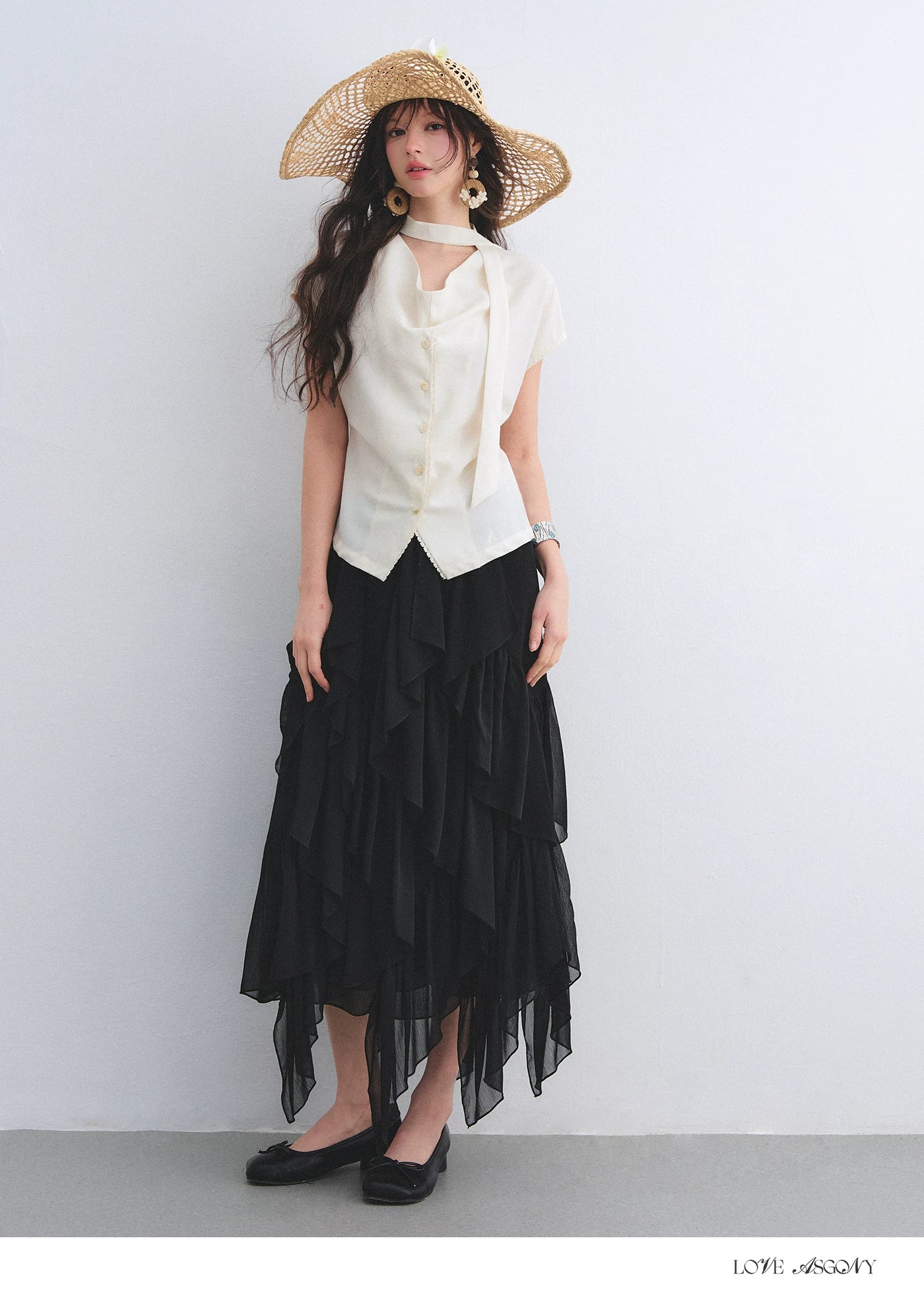 Asymmetric Ruffle Hem Chiffon Midi Skirt