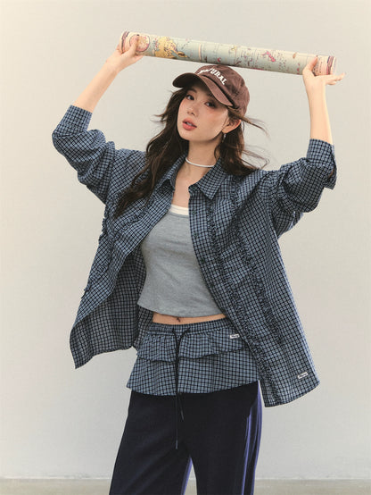 Plaid Ruffle Pleated Loose Long-Sleeve Shirt