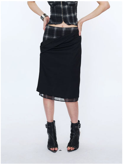 Deconstructed Check Patchwork Straight Midi Skirt