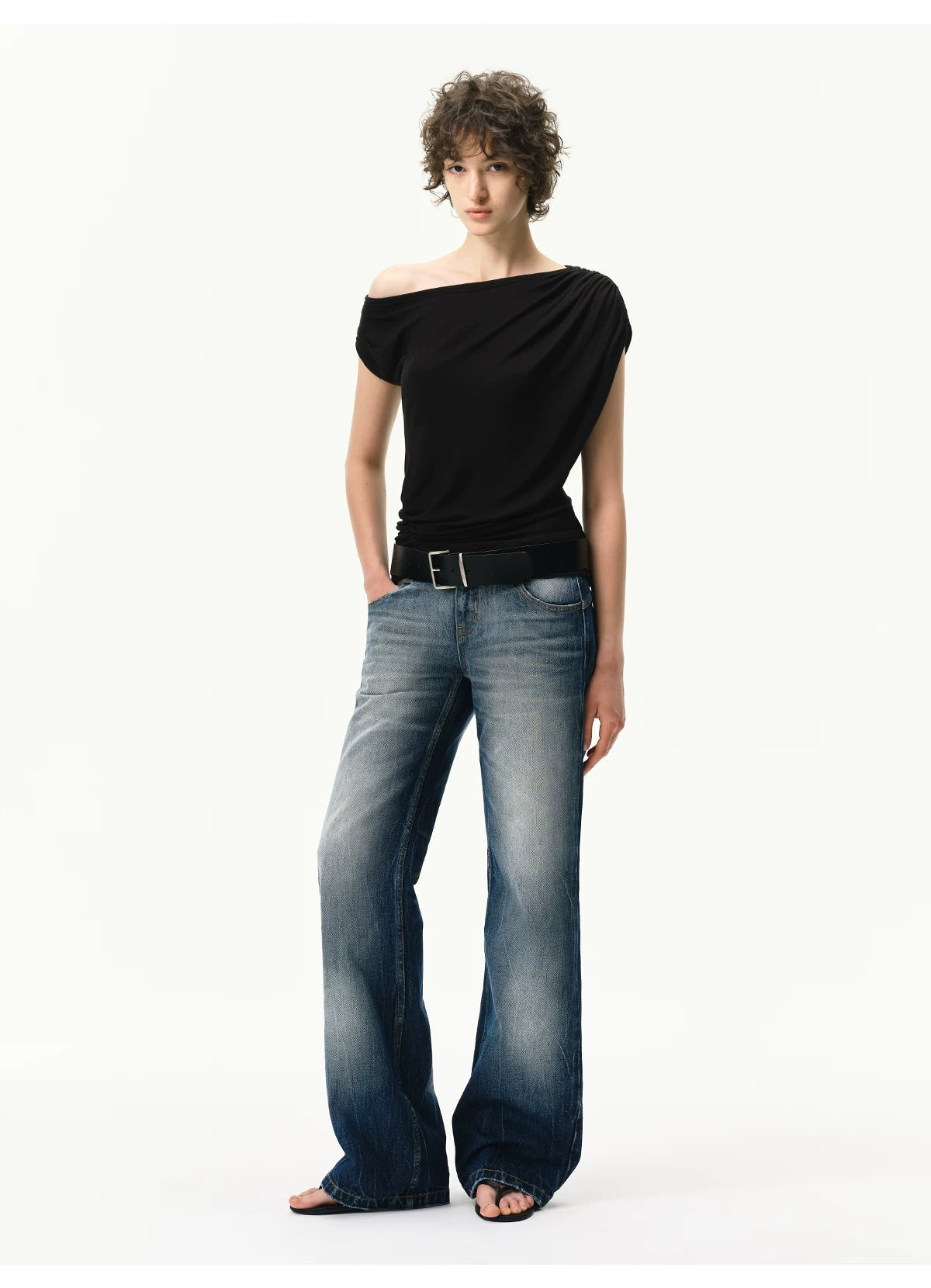 Asymmetrical Draped Lyocell-Wool T-Shirt