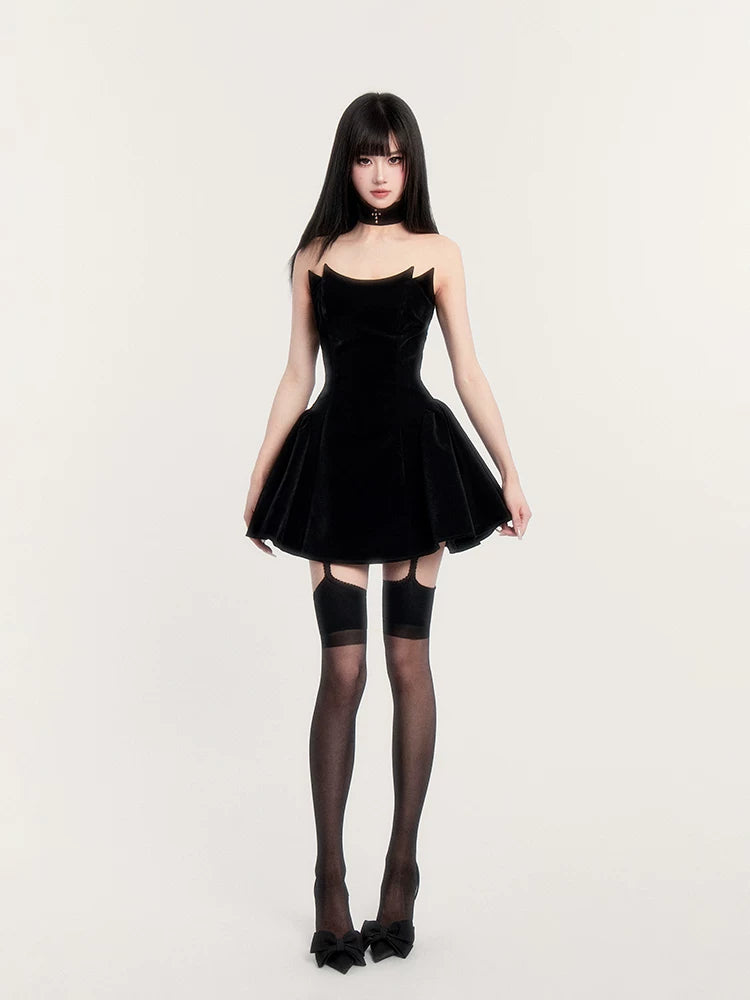 Devil’s Kiss Strapless Velvet Puff Dress