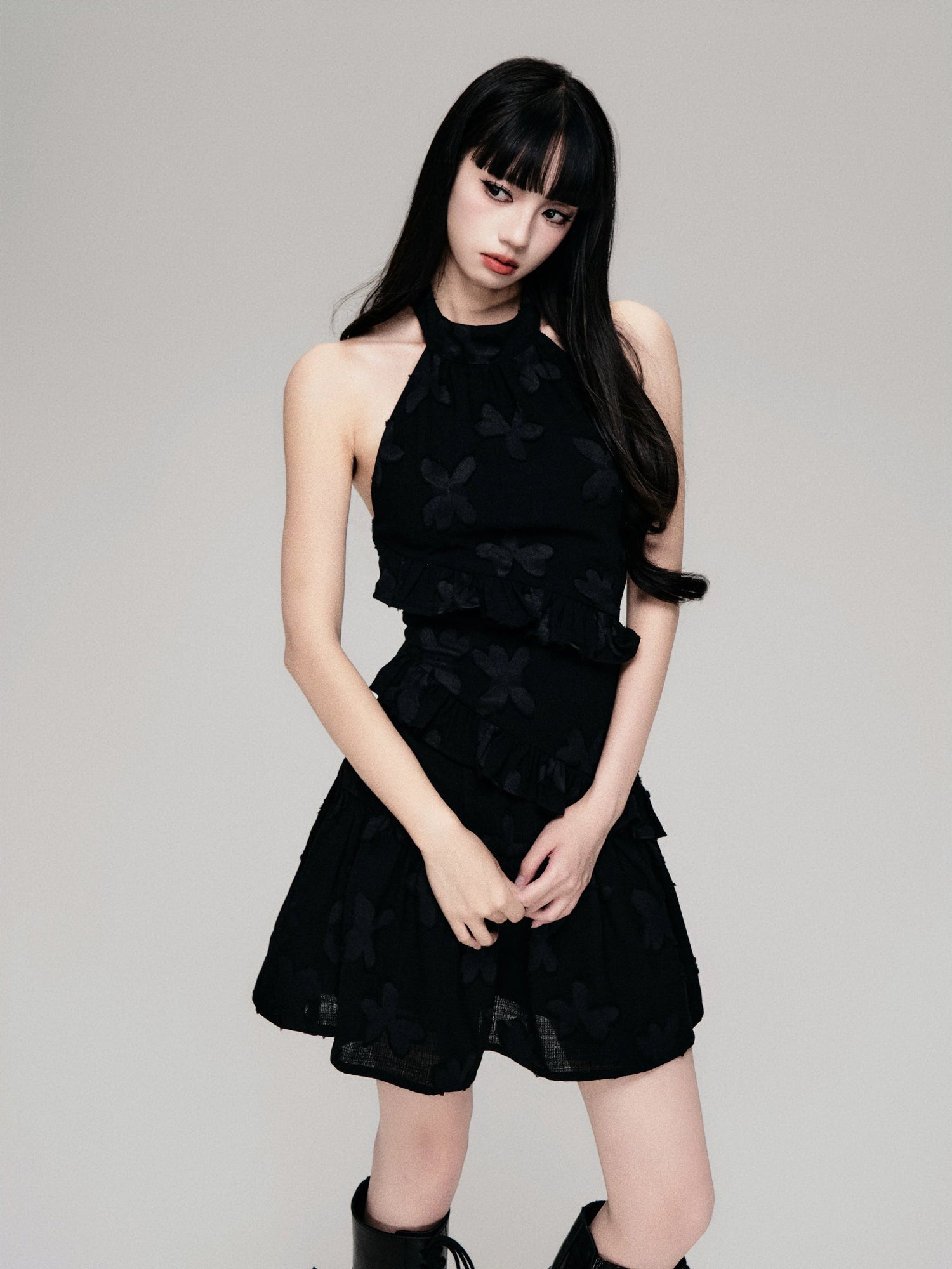 Textured Cut-Out Floral Halter Mini Dress