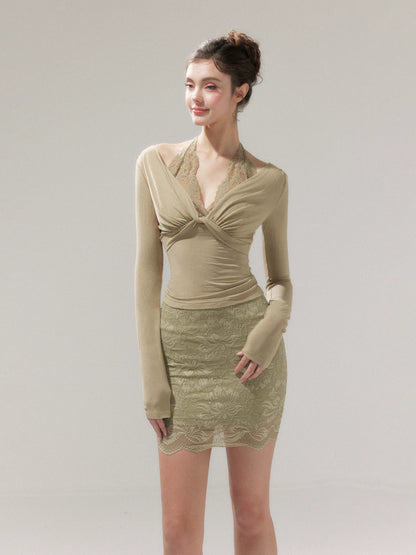 Lace Layered Knit Top &amp; Bodycon Mini Skirt Set