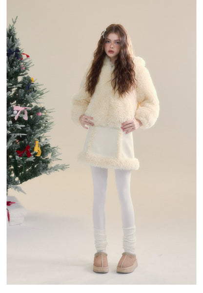 Cream Rabbit Shearling Coat &amp; Skirt Set - CHINASQUAD