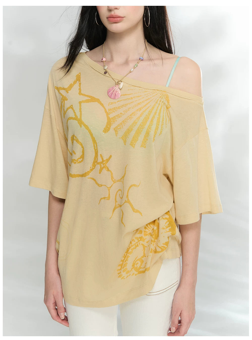 Ocean Print Asymmetric Oversized Modal T-Shirt