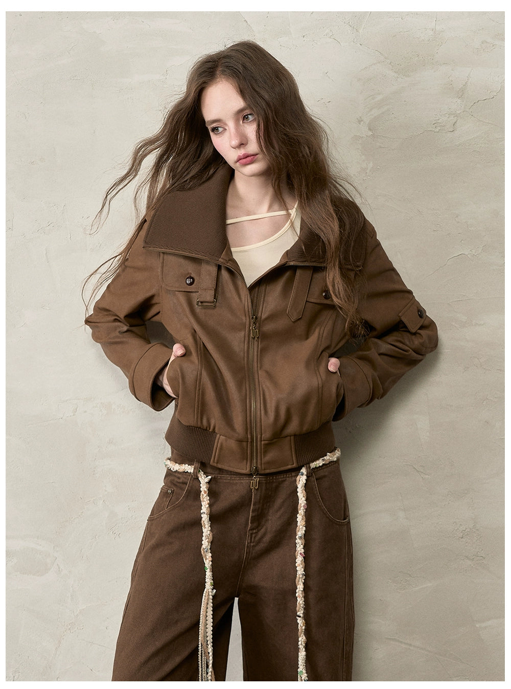 Vintage Contrast Lapel PU Leather Jacket