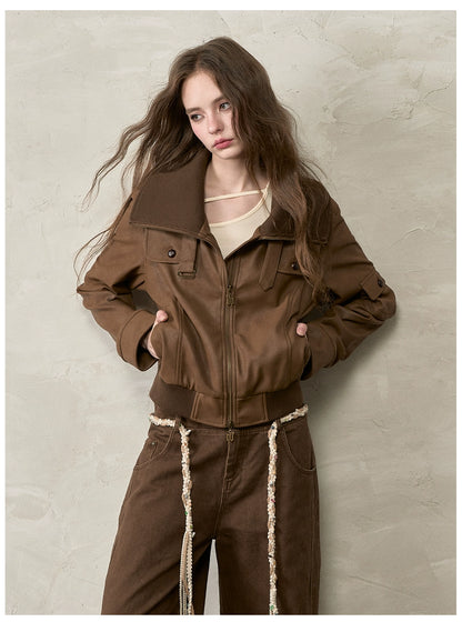 Vintage Contrast Lapel PU Leather Jacket