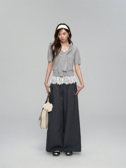 Waistband Lace-spliced Faux Two-piece Long Pants - CHINASQUAD