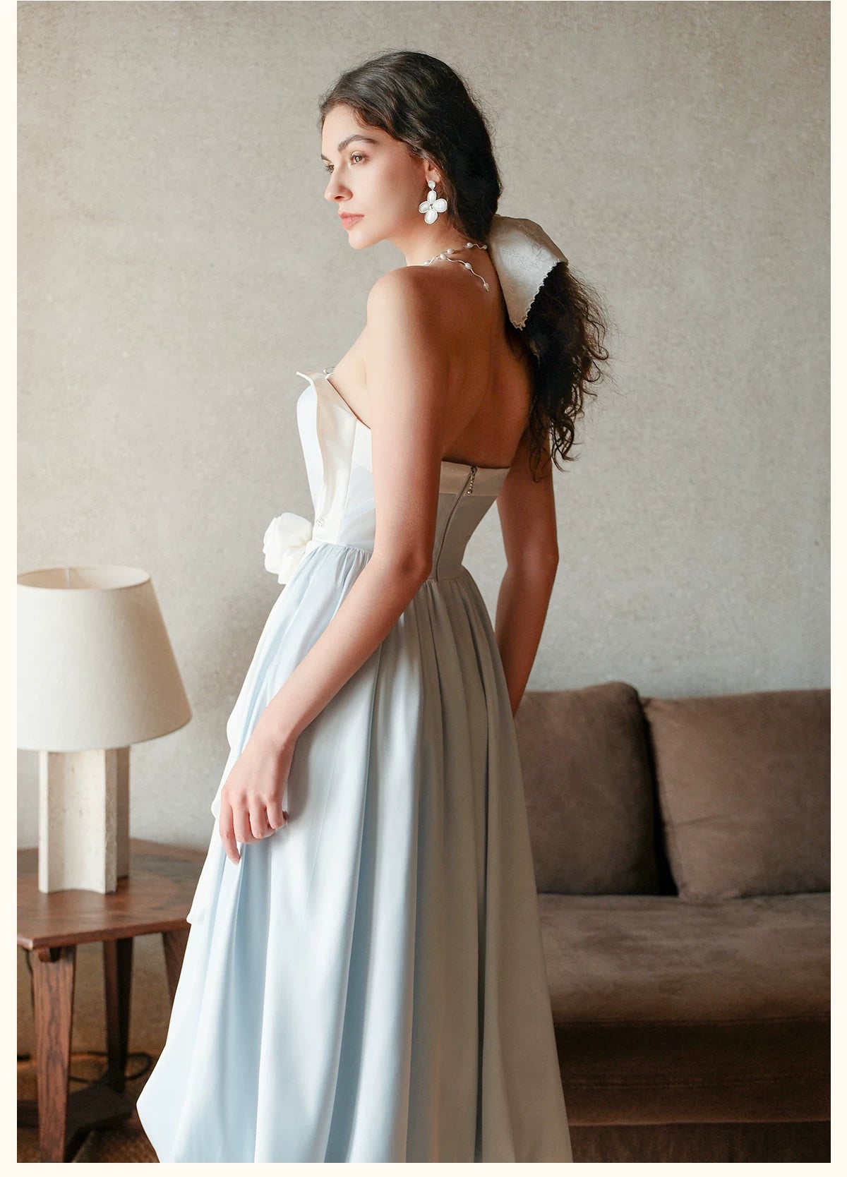Satin Floral Bubble Hem Strapless Dress