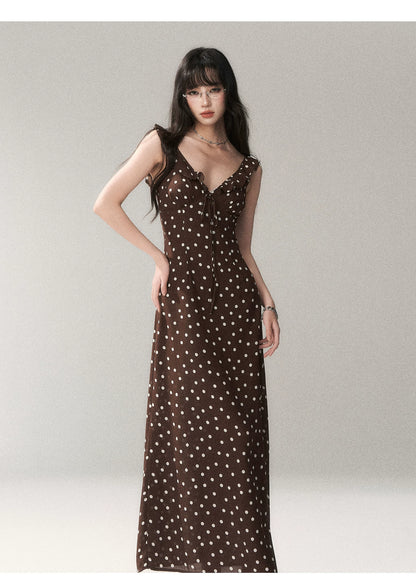 Chocolate Polka Dot French Slim-Fit Slip Maxi Dress