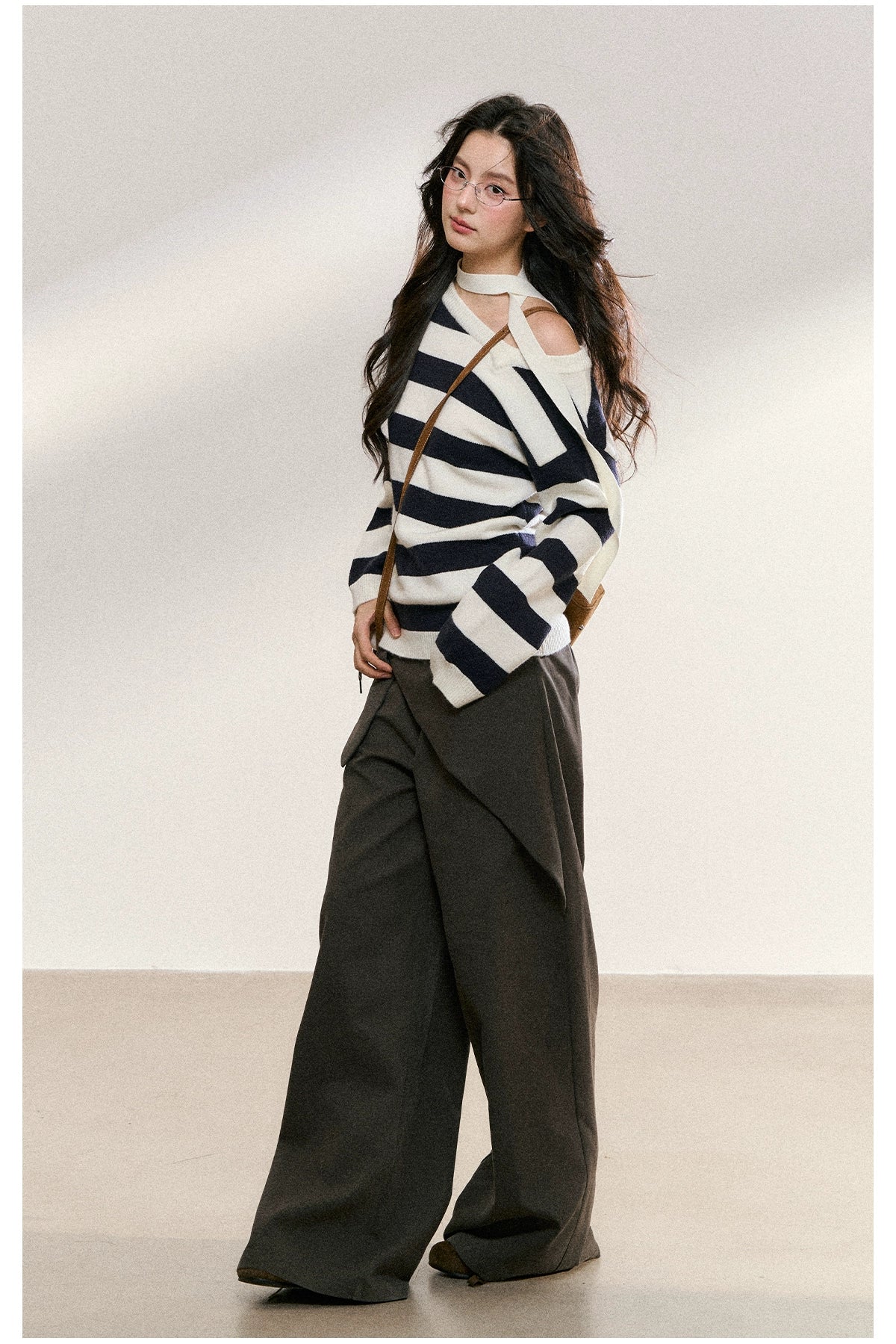 Gray Drape Wide-Leg Asymmetric Trousers