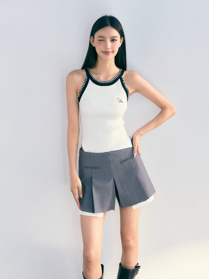 (Final Sale) Gray Pleated Frayed Hem Tailored Skort