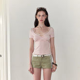 Lace Panel Ruched Slim-Fit T-Shirt NeverMore
