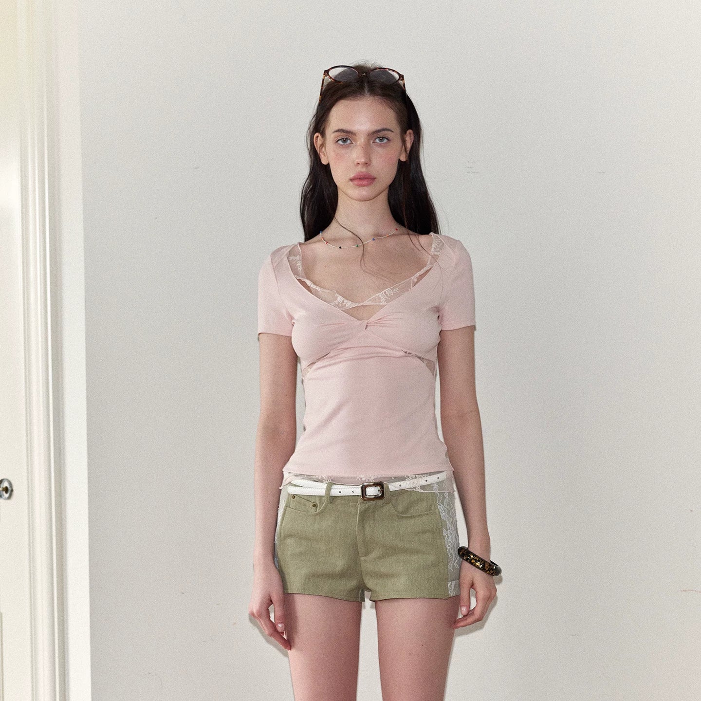Lace Panel Ruched Slim-Fit T-Shirt NeverMore