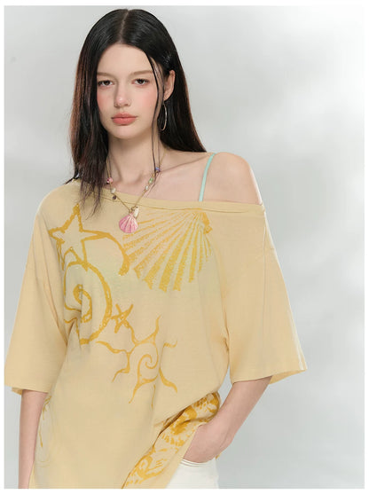 Ocean Print Asymmetric Oversized Modal T-Shirt