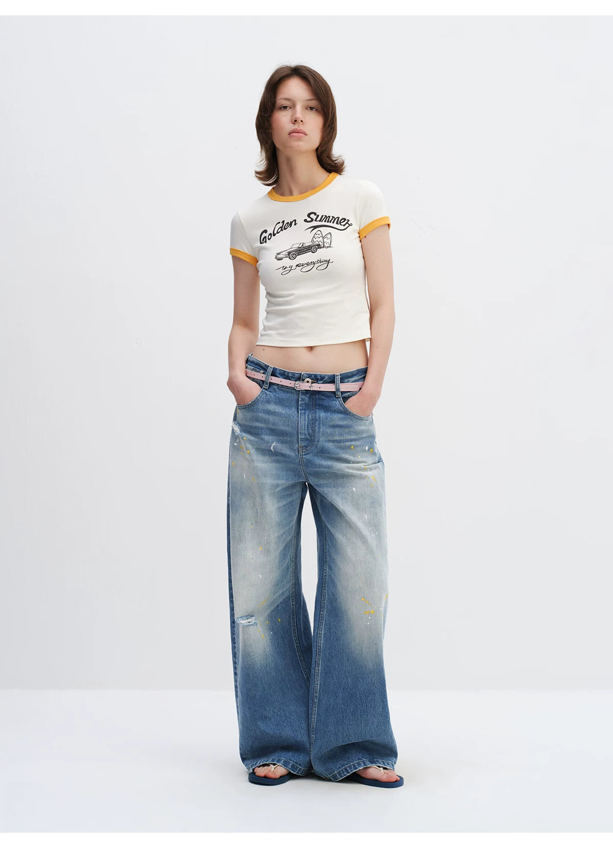 Washed Blue Curved-Leg Wide Denim Jeans